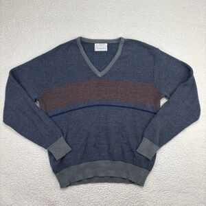 Vintage Christian Dior Mens L 100% Orlon Acrylic Striped V Neck Sweater Blue Red